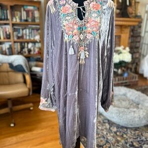 Johnny Was XXL Gray Velvet Dress with Floral Design, 82% Rayon, 18% silk